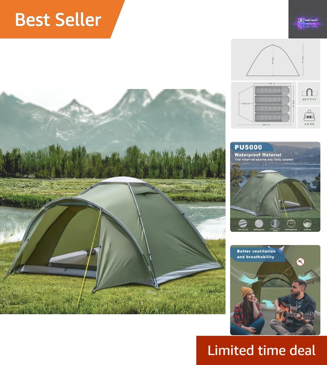 Durable Dome Tent for Camping - 3-4 Persons, Waterproof, & Spacious Porch Design