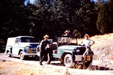 1950s Men With Jeep And Old Truck Red Border Kodachrome  Slide BR-D