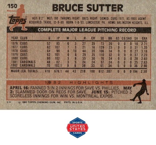 1983 Topps #150 Bruce Sutter - Picture 2 of 2