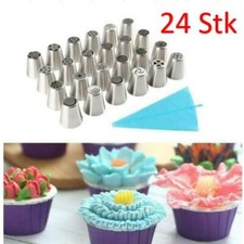 24tlg Russische Edelstahl Spritzt&uuml;llen +1 Profi-Spritzbeutel 20cm Torte Deko Neu
