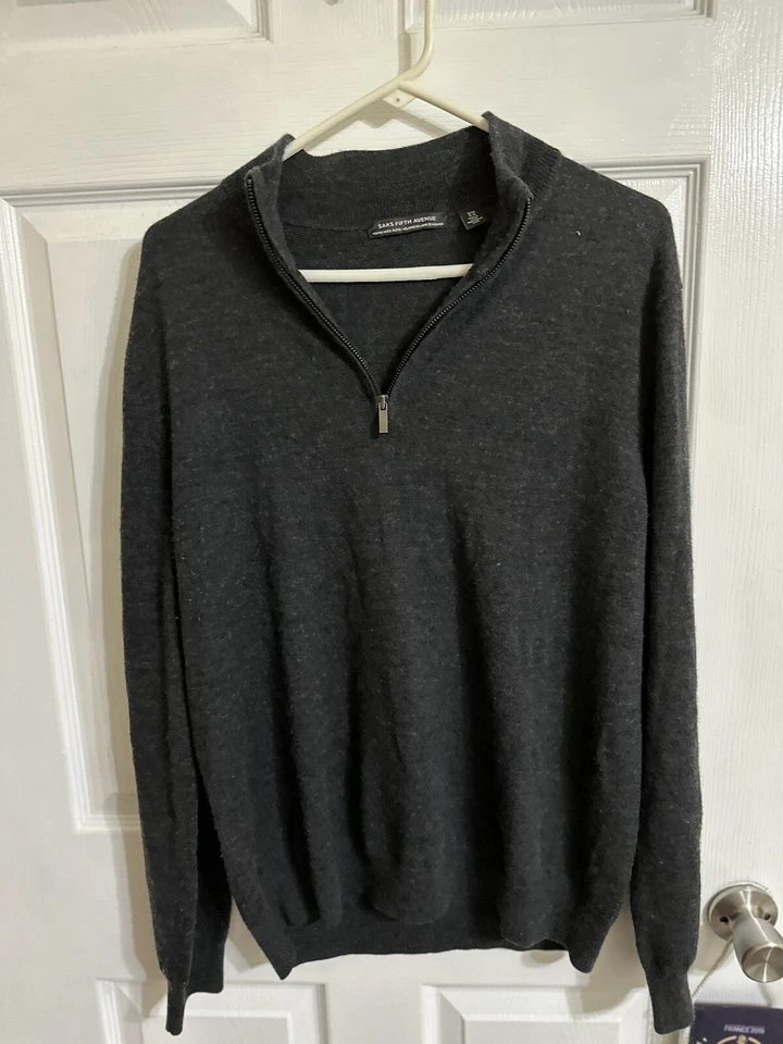 Saks Fifth Avenue  Size XL Merino Wool Blend Gray 1/4 Zip Men Sweater - Image 2 of 4