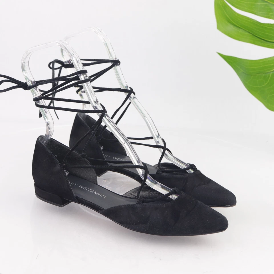 Stuart Weitzman Mujer Gilligan Plano Talla 7 Tobillo Envolvente Corbata Ballet Negro Gamuza Foto 2 de 4