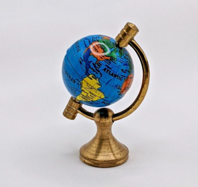 Vintage Brass Miniature World Globe Color Map Tin Rotate Holland Dollhouse Decor