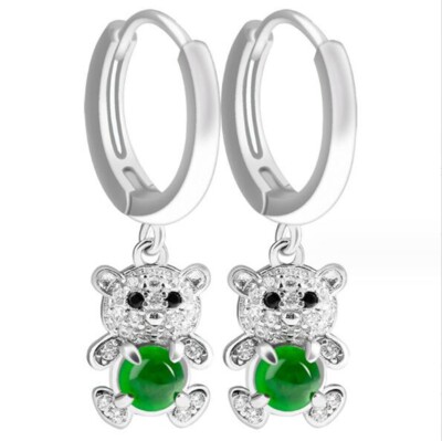 Certified Natural Ice Green Jade jadeite Little Bear 925Silver Fashion Earrings