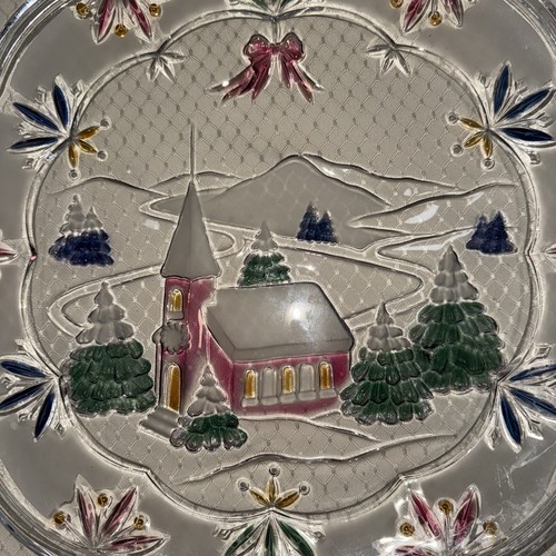 Christmas Winter Snow Church Tree Glass Crystal Plate Platter 14.5” Vtg - Picture 6 of 7