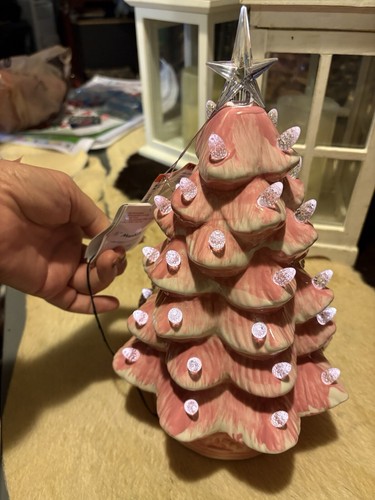 Mr. Christmas Nostalgic Retro Pink Illuminated Xmas Tree 12" Ceramic Light Up - Picture 2 of 13