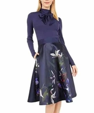 Women Ted Baker Tie Neckline Floral Knit A-line Fit & Flare Midi Dress