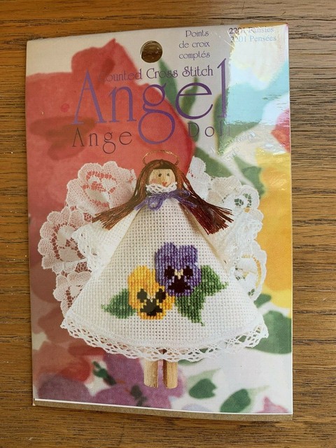 NEW Counted Cross Stitch Clothespin Angel Ornament Kit 2201 Pansies 3 3 