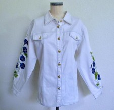 Bob Mackie Wearable Art Morning Glory Embroidered Jeans Jacket L White Blue