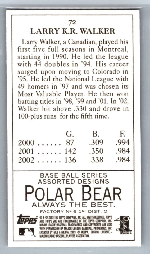 LARRY WALKER 2003 Topps 205 Polar Bear MINI Baseball #72 Colorado Rockies - Image 2 of 2