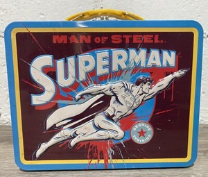 VTG Superman Lunch Box Metal 3D Embossed Front Man Of Steel - Tin Box Co.