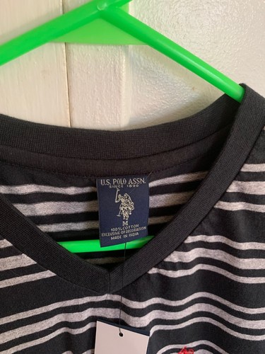 U.S. Polo Assn. Black + Grey Striped V-neck T-shirt - Men's Size Medium - NEW - Picture 2 of 6