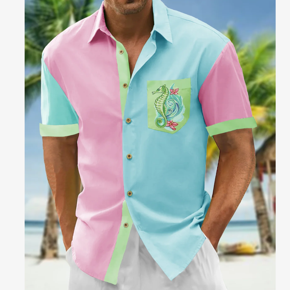 Multicolor Patchwork Seahorse Pink Blue Hawaiian Aloha Shirt