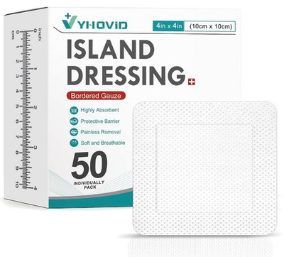 50 Count Island Dressing Bordered Gauze 4'' X 4'', Gauze Pads Individually Wrapped