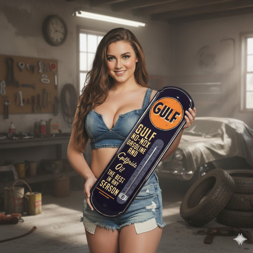 Authentic Gulf Oil branding on a metal thermometer sign — functional retro decor that actually tells the temperature.