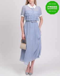 RRP€485 SELF PORTRAIT Midi Dress UK12 US8 IT44 L Blue Pleated Lace Trim