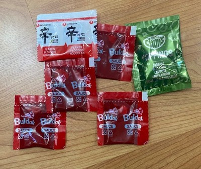 4 Buldak Sauce Packets, 33 Nongshim Shin Vegetable Mix and 46 Annie Chun Packets