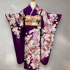 Furisode Kimono Full Set,Embroidery, Chrysanthemum, Floral Pattern, Pure Silk