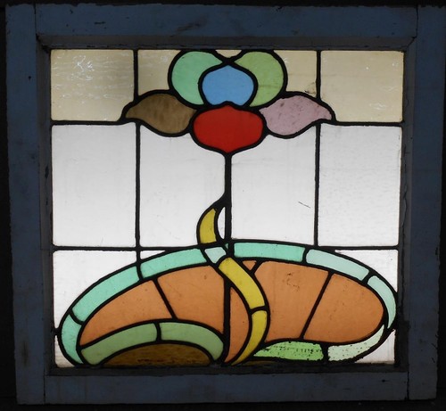 EDWARDIAN FLORAL ABSTRACT ENGLISH LEADED STAINED GLASS WINDOW 22 3/4" x  21" - 第 2/3 張圖片