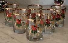 Vintage Christmas Bar Glasses w/ Metallic Gold Trim - Set of 6