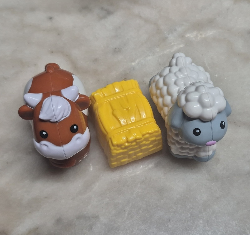 3pc Farm Animal Toy Figure Lot w/ Cow, Sheep & Yellow Hay Bale Accessory