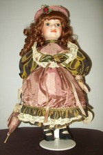Vintage 90s Leonardo Collection Porcelain Doll Susan, Stand Parasol Auburn Hair