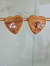Heart Stud Earrings Texture Gold 18K Plated with CZ Stone Statement