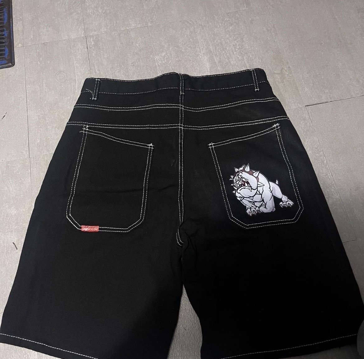 JNCO Shorts Pitbull Black Denim White Stitching Brand New 32x32
