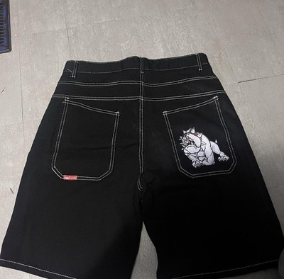 JNCO Shorts Pitbull Black Denim White Stitching Brand New 32x32
