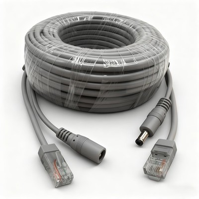 Security Camera Power and Data Cable CAT5e Ethernet with Power Supply All-in