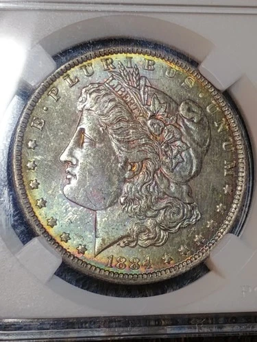 1884-O Morgan Silver Dollar 🌈Monster Rainbow Toned Album Toner 🟢Emerald Green