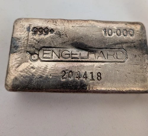 Engelhard 10 Ounce .999+ Hand Poured Silver Bar, Rare Bull Logo #204418