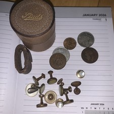 Vintage 1940s Leather Round Stud Box Marked “STUDS” plus studs and coins