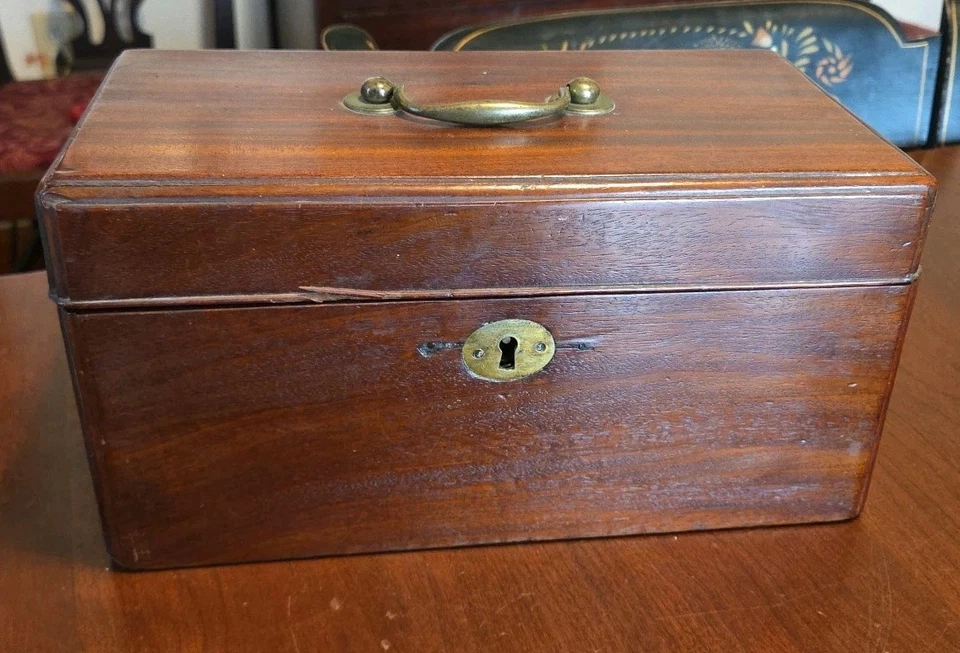 Antique Tea Caddy Box Mahogany & Tin Canisters Fitted 19th Century Brass Handle - Image 2 of 4
