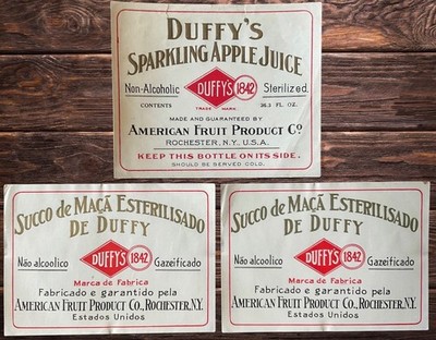 Vintage Duffys Sparkling Apple Juice Labels Rochester NY Portuguese Export 1900s