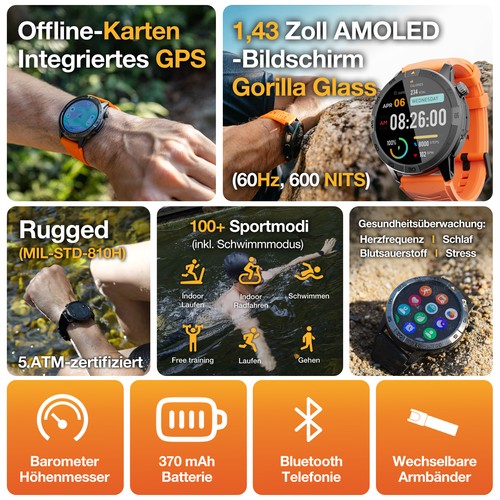 AGM Legion Pro Smartwatch Donna Uomo con Funzione Telefono Orologio da Polso 5ATM GPS - Foto 10 di 11