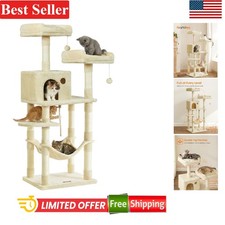 Multi-Level Plush Cat Tree with Hammock, Cave  11 Scratching Posts - Beige