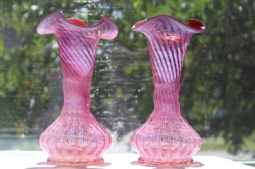 Pair Of Fenton Cranberry Opalescent Spiral Optic Glass Vases 7.75"T