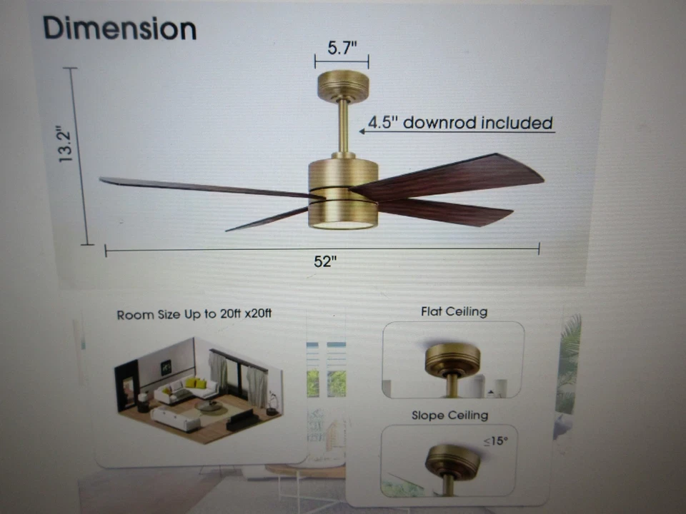 IHOMEadore 52 in. Indoor Integrated LED Natural Brass Ceiling Fan with Remote - Image 4 of 4