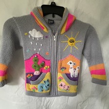 Sisandina Green Multicolor Animals Embroidered Wool Hoodie Sweater Kids Size 4