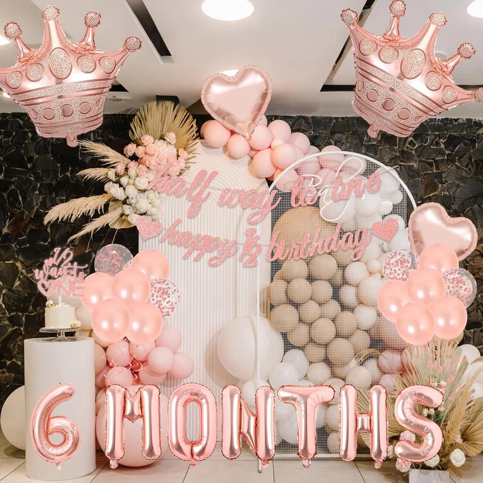 Girls Half Way To One Birthday Party Decorations Banner Cake Topper Balloons - Image 4 of 4