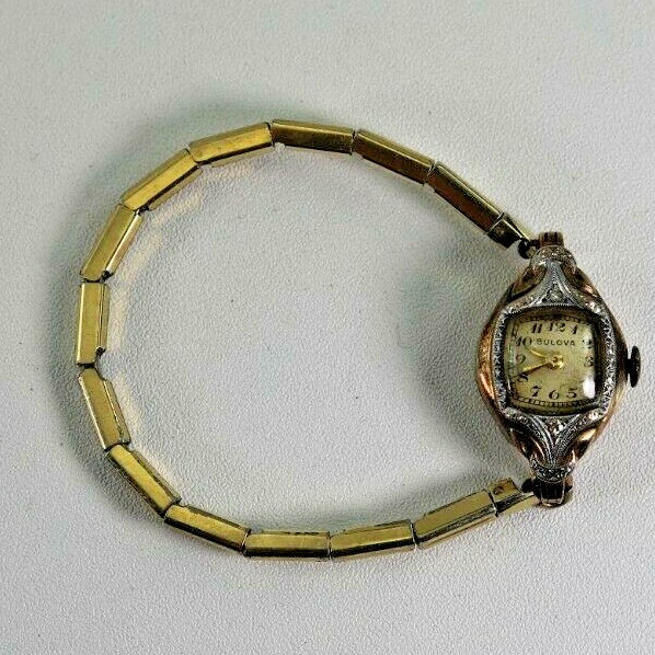 Vintage Bulova 10K Gold Filled With Diamonds Women's Wrist Watch Art