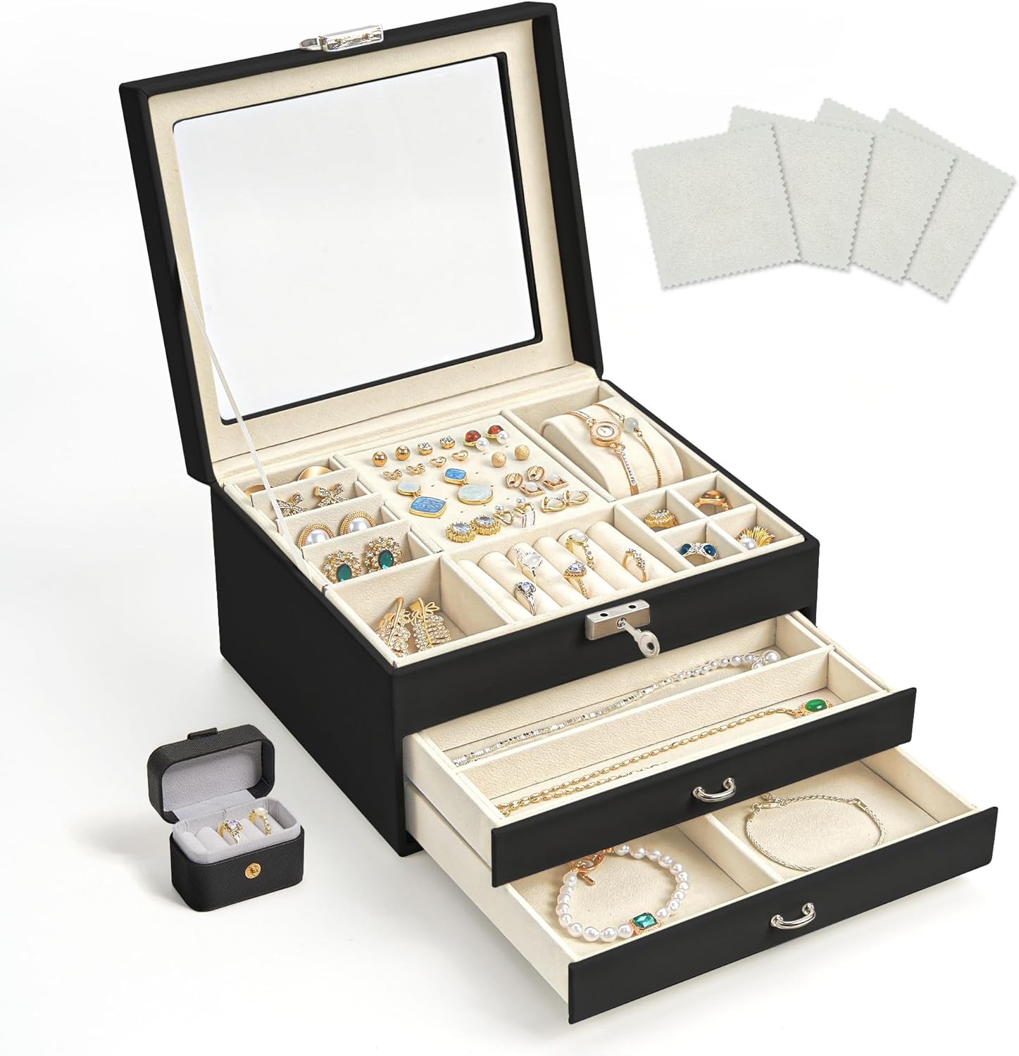 Jewelry Box for Women with Security Latch, 3-Layer Glass Lid Jewelry Organizer f-image