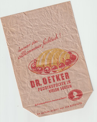 Rezept für Dreischichten-PUDDING Laden Verpackungs Tüte Dr. Oetker Reklame ~1929