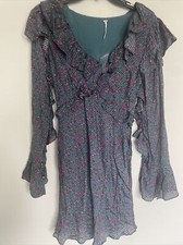 $148 Free People Sweetest Thing Long Sleeve Mini dress Emerald Green Floral 6 S