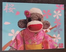 vtg postcard art K & K Designs Japanese cherry blossom sock monkey kimono Japan