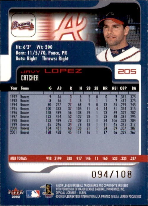 Javy Lopez 2002 Fleer Focus JE Century Parallel #63/108 Atlanta Braves numerado Foto 2 de 2