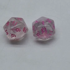 Sirius Dice 2 D20 Clear White Pink with Pink pips (2 D20 LOT) FAST SECURE SHIP