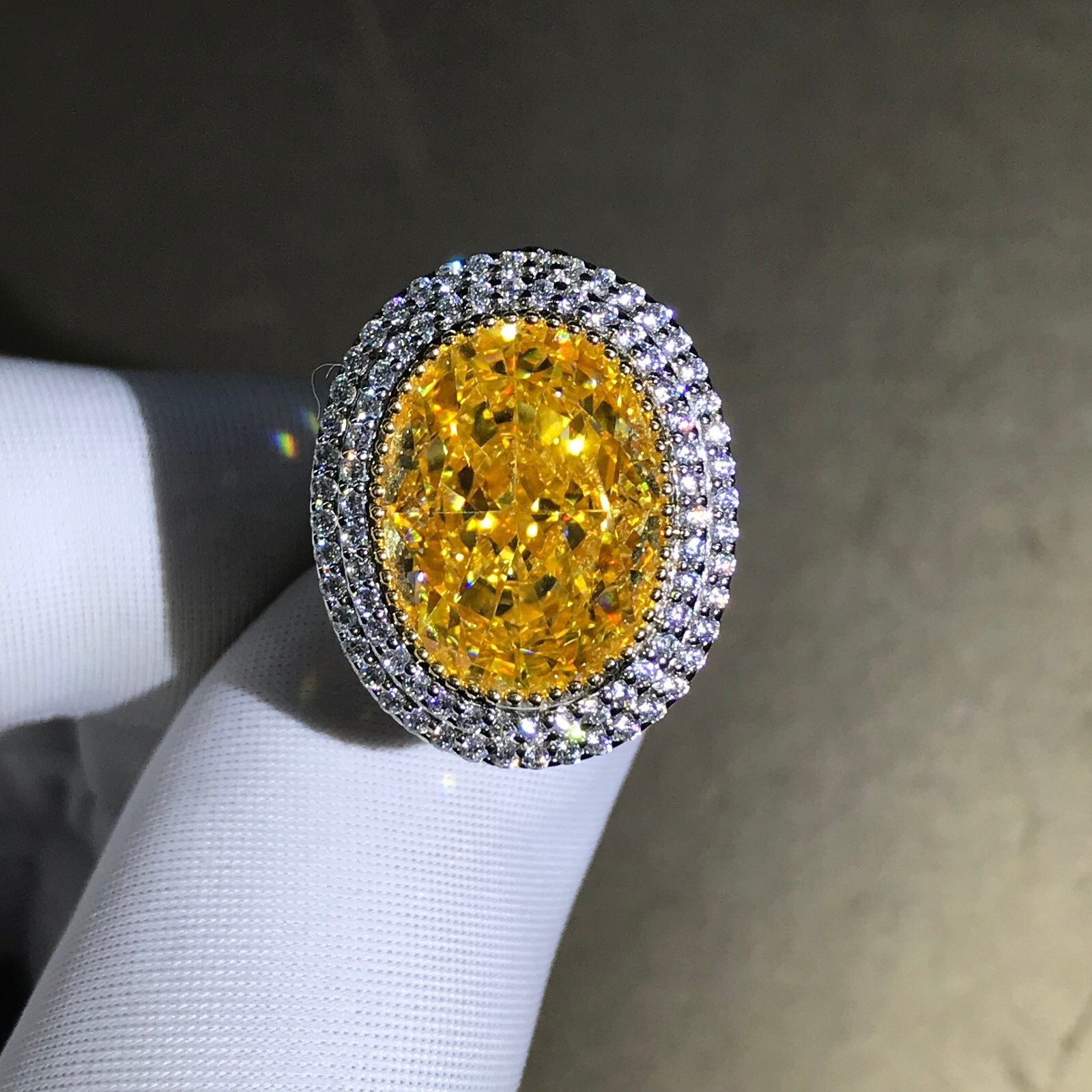 10 Carat Oval Cut Deep Yellow Moissanite VVS Double Halo Split Shank 18K Ring