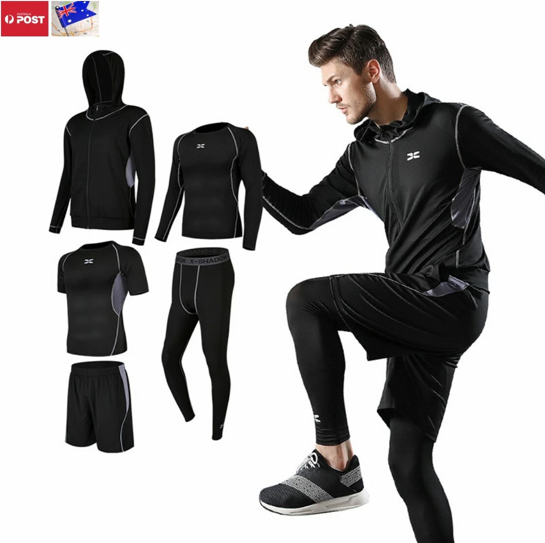 Mens Workout Clothes Compression 5Pcs Yoga Active Fitness Gym